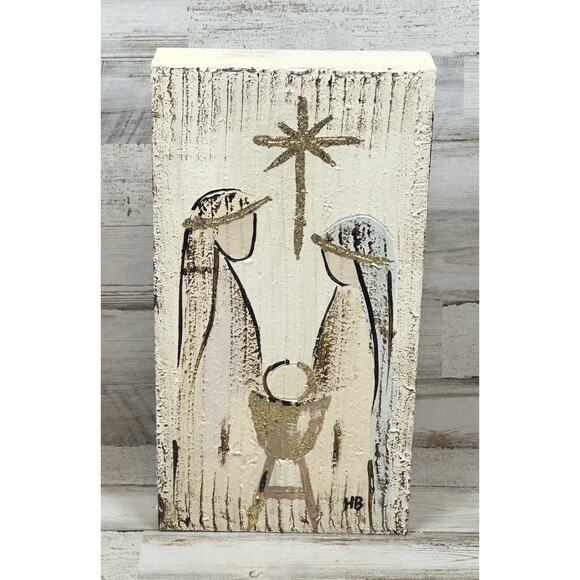 Nativity Manger Textured Wooden Block 11.75" Handmade Glitter - Picture 1 of 5